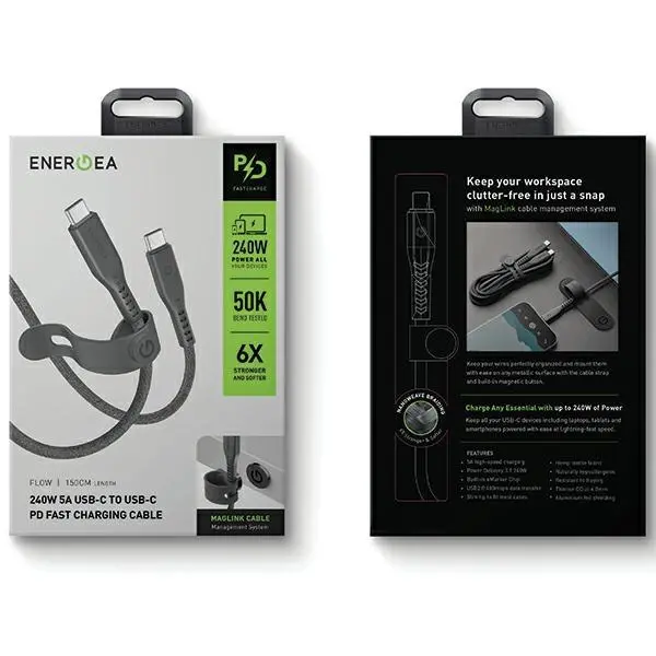 ENERGEA FLOW | 150CM LENGTH  | 240W 5A USB-C TO USB-C PD FAST CHARGING CABLE | BLACK